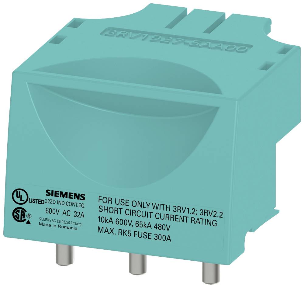 Ein hellblaues elektrisches Bauteil mit Aufschriften zu Spannung (600V AC 32A) und Sicherungseigenschaften, geeignet für Siemens-Geräte.
