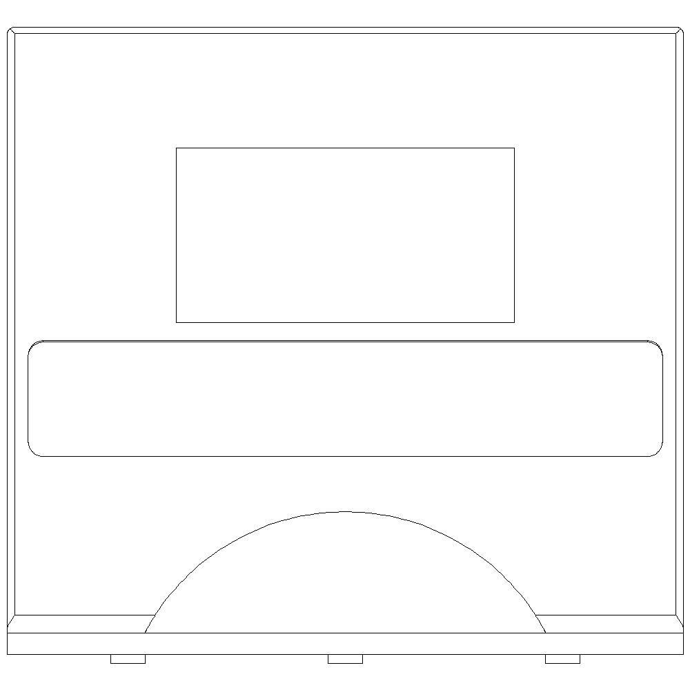 Eine leere, umrissartige geometrische Form mit rechteckigen und halbkreisförmigen Elementen auf weißem Hintergrund.