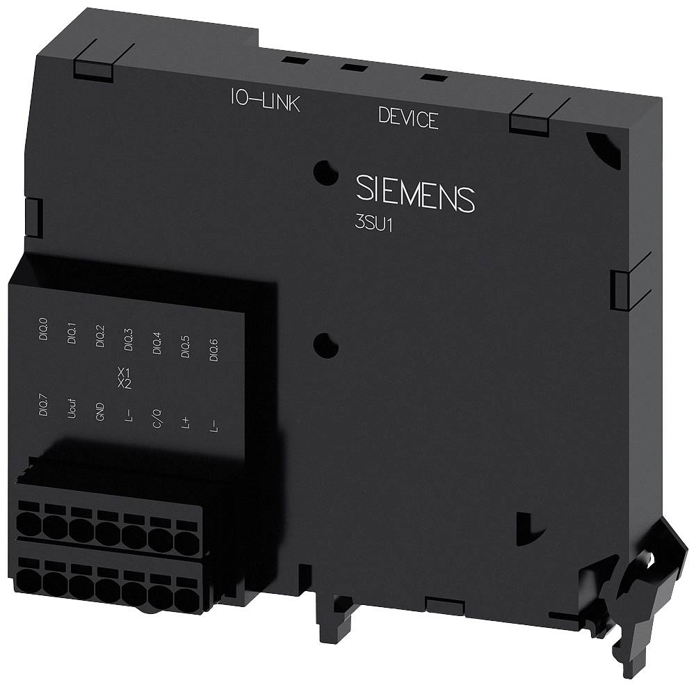 Schwarzes Siemens IO-Link Gerät-Modul mit verschiedenen Anschlüssen, beschriftet mit '3SU1'.