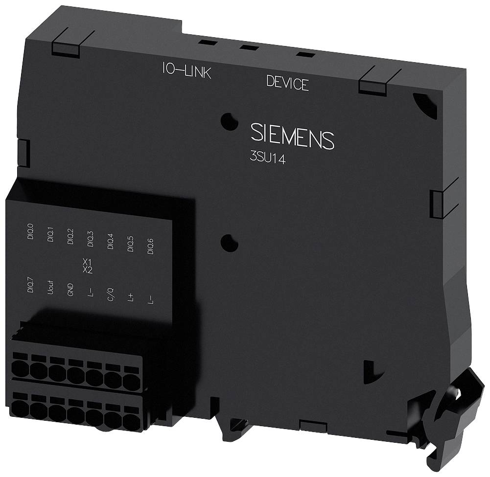 Ein elektronisches Gerät mit der Beschriftung 'IO-LINK DEVICE' und 'SIEMENS 3SU14'. Mehrere Anschlussklemmen sind sichtbar.