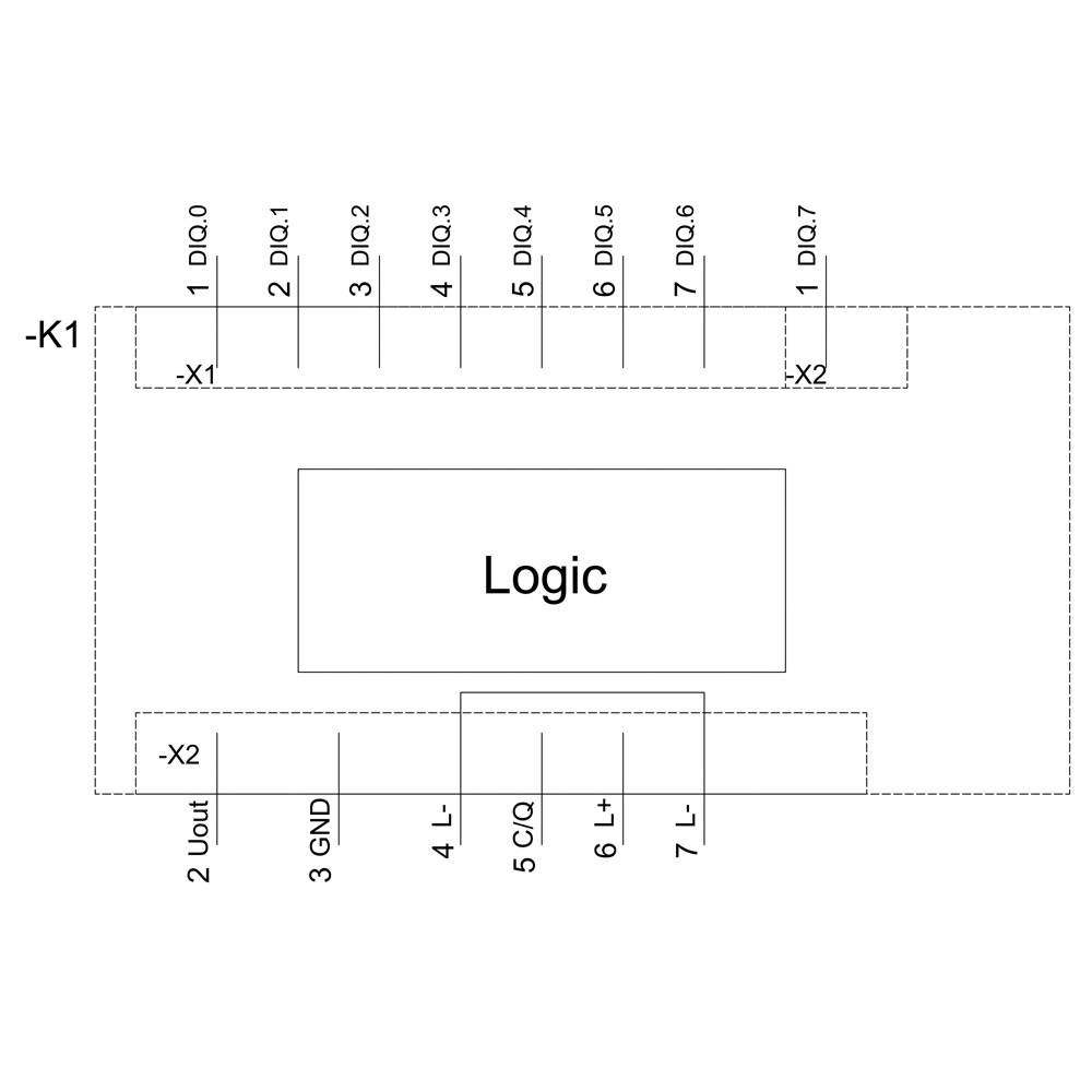 Schaltplan eines Logikmoduls mit zwei Anschlüssen: X1 für digitale Eingänge DI/0 bis DI/7, X2 für Logik- und Steuerleitungen.