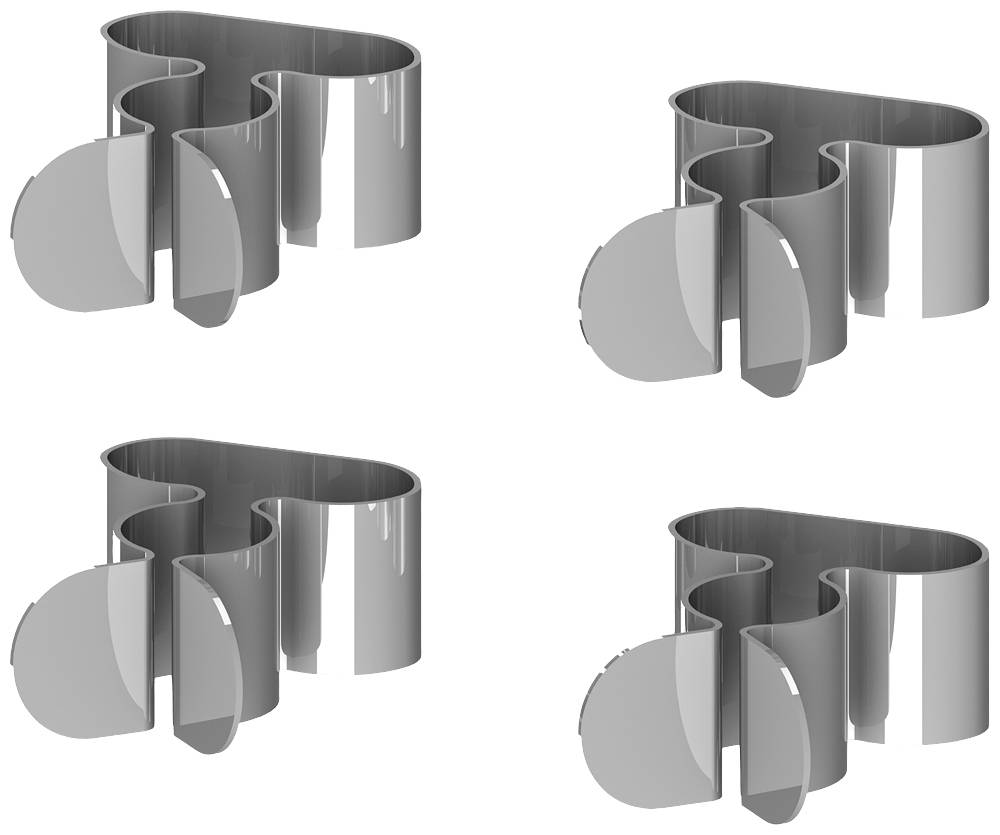 Vier gebogene, silberne Metallformen, jeweils in Form eines stilisierten Kleeblatts, gleichmäßig angeordnet in zwei Reihen.