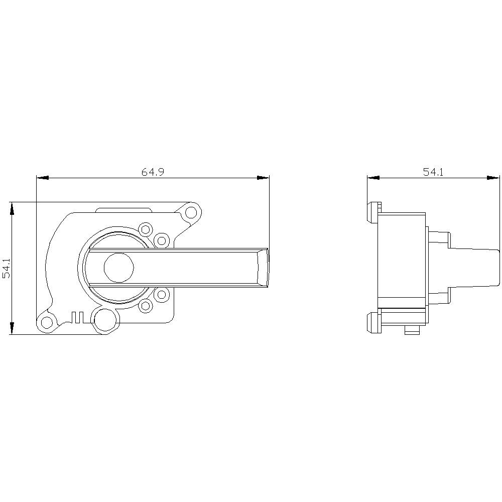 Technische Zeichnung eines mechanischen Teils mit seitlichen und frontalen Ansichten. Maße: 64,9 mm Breite, 54,1 mm Höhe.