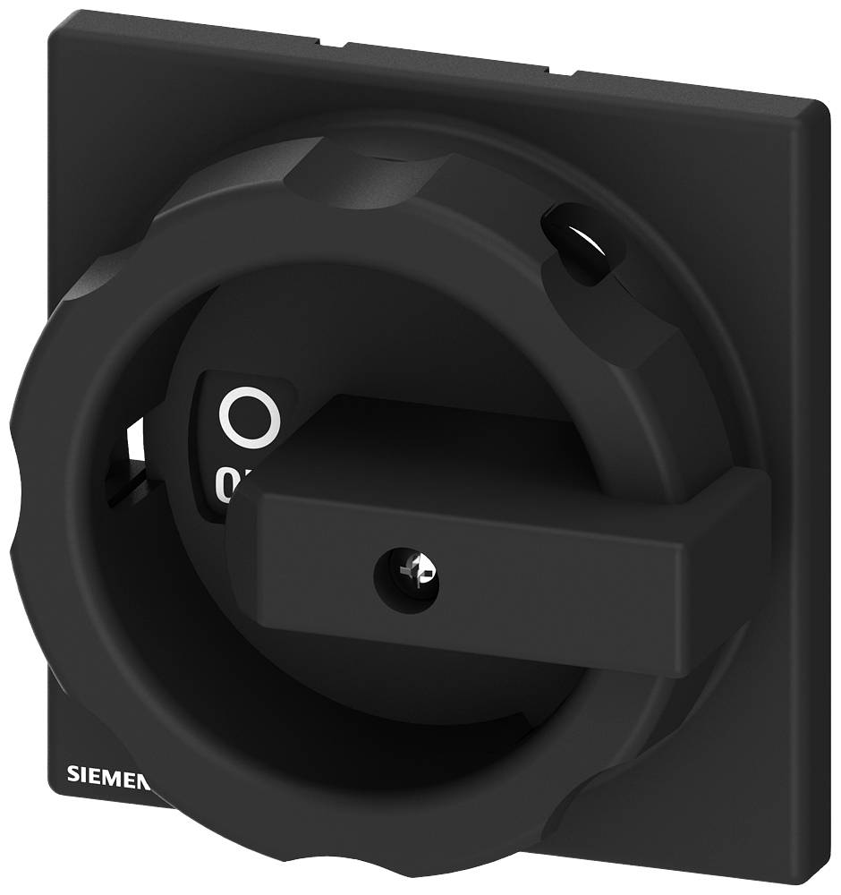 Schwarzer Schaltersockel mit Drehknopf und Ein/Aus-Symbolen. Markenname 'Siemens' unten links sichtbar. Hauptsächlich zur Bedienung elektrischer Geräte.