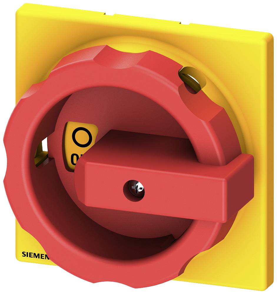 Roter Hauptschalter mit gelbem Hintergrund. Der Schalter kann gedreht werden und ist Teil eines Siemens-Geräts zur Stromsteuerung.