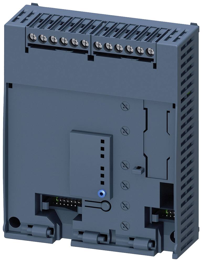 Ein blaues elektrisches Gerät mit mehreren Steckverbindungen und Schrauben, wahrscheinlich ein Teil einer industriellen Steuerungseinheit.
