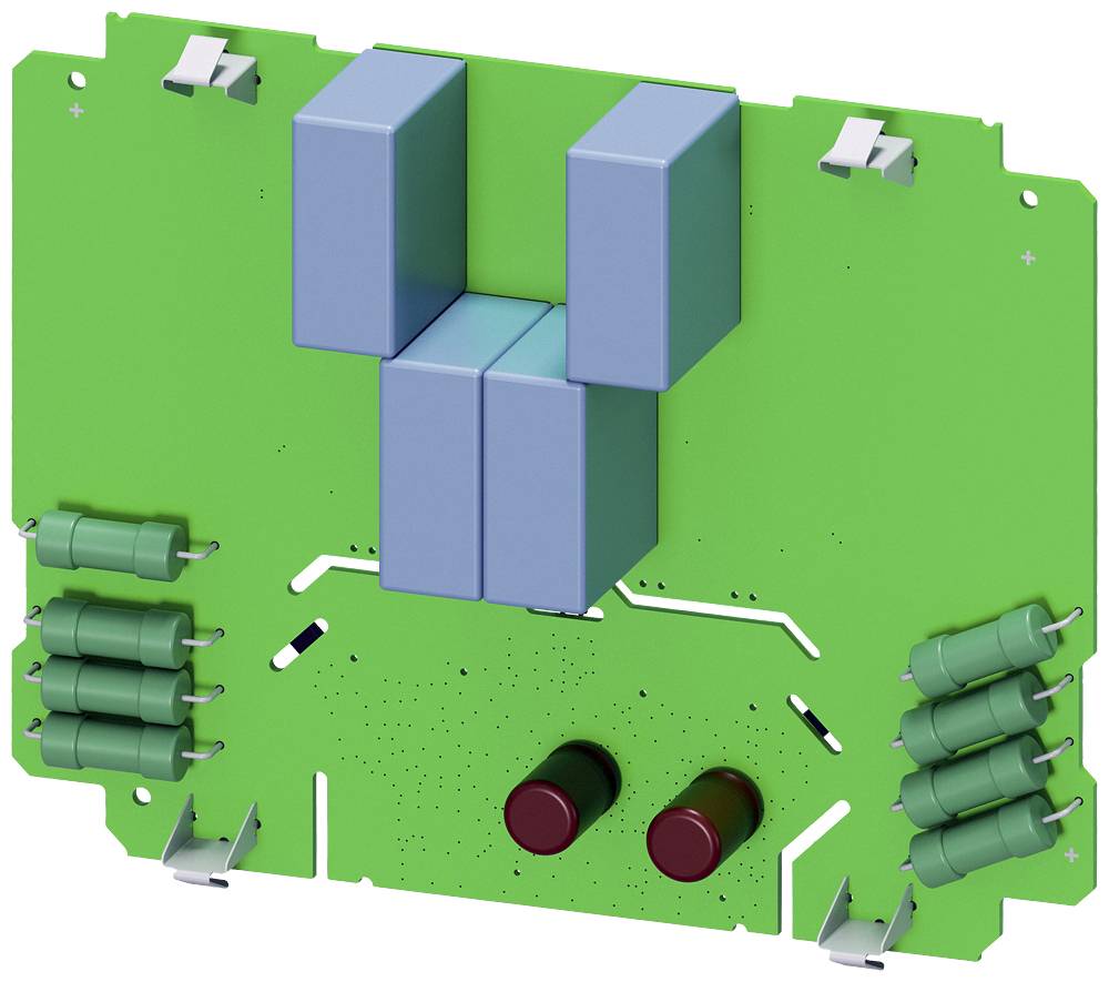 Grüne elektronische Leiterplatte mit mehreren großen blauen und kleinen roten Bauteilen. Sie zeigt eine typische Anordnung elektronischer Komponenten.