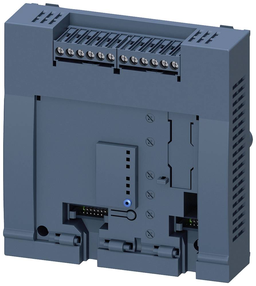 Ein blaues elektrisches Verbindungselement mit mehreren Schraubanschlüssen oben und seitlichen Steckverbindungen, vor einem neutralen Hintergrund.