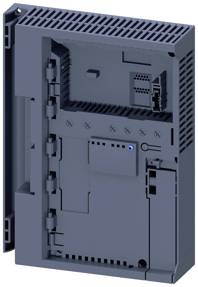 Graues elektronisches Gerät mit Lüftungsschlitzen und mehreren Anschlüssen. Es hat ein rechteckiges, technisches Design.