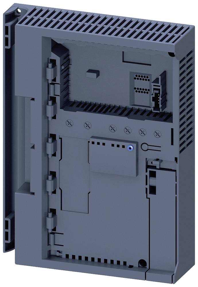Ein graues, rechteckiges elektrisches Gerät mit Lüftungsschlitzen und mehreren Anschlüssen, vermutlich ein Steuergerät oder Komponente.