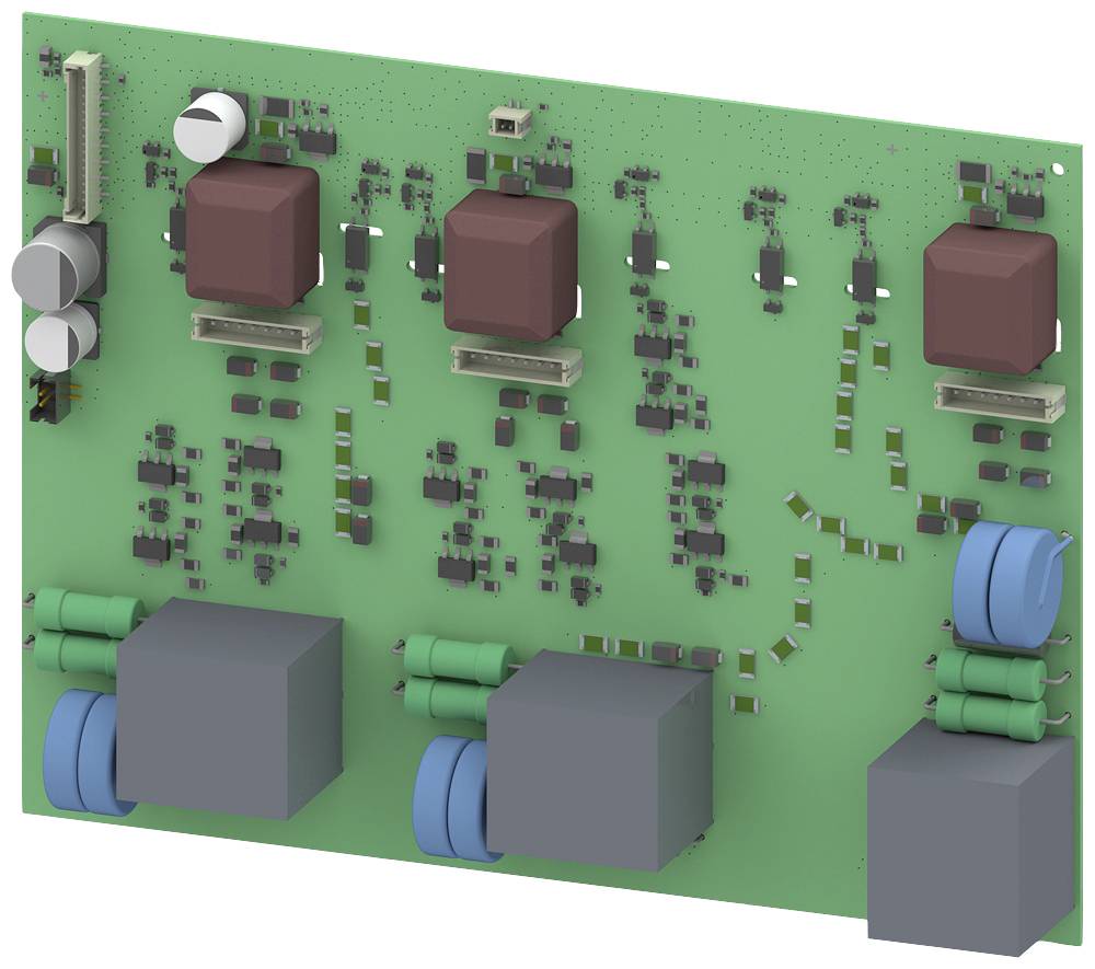 Grüne elektronische Schaltplatine mit mehreren quadratischen und zylindrischen Bauteilen.
