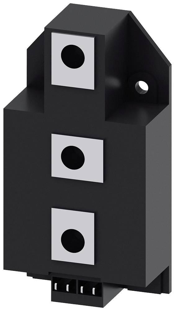 Ein schwarzer elektrischer Steckverbinder mit drei silberfarbenen Kontaktpunkten und einem kleinen Montageloch an der Seite.