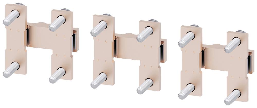 Ein elektrisches Bauelement mit drei identischen Kupferschienen, die vier parallele silberne Bolzen verbinden.
