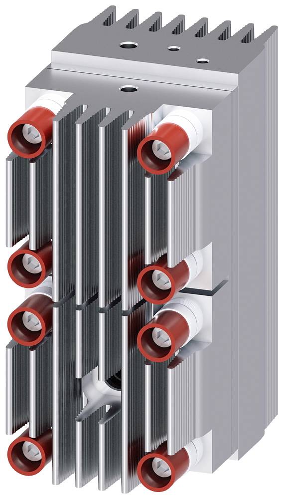 Ein grauer Kühlkörper mit roten Isolatoren; wird für die Wärmeableitung in elektronischen Geräten verwendet.