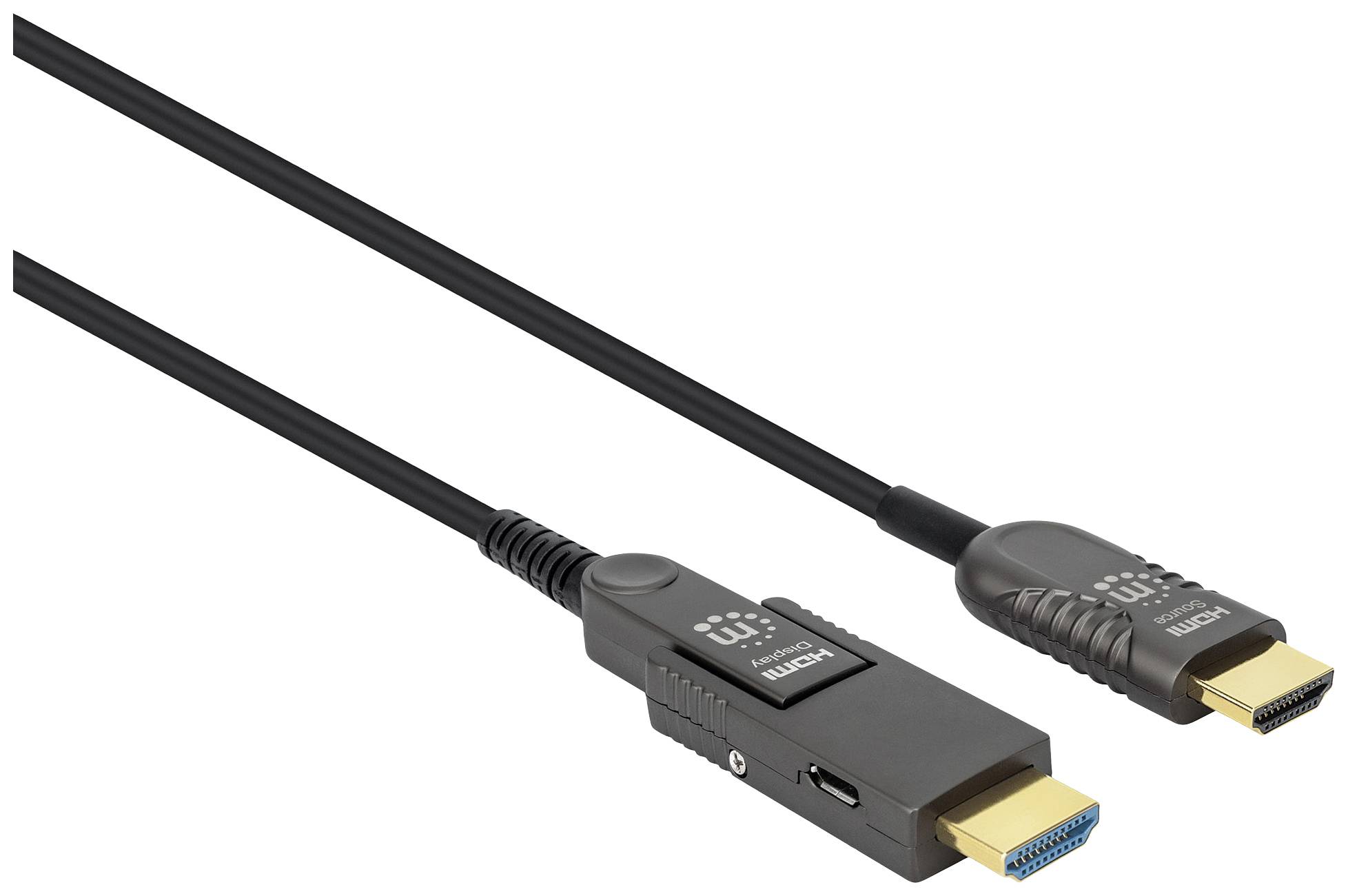 Ein HDMI-Kabel mit einem robusten schwarzen Gehäuse und goldenen Steckern, geeignet für Video- und Audioverbindungen.