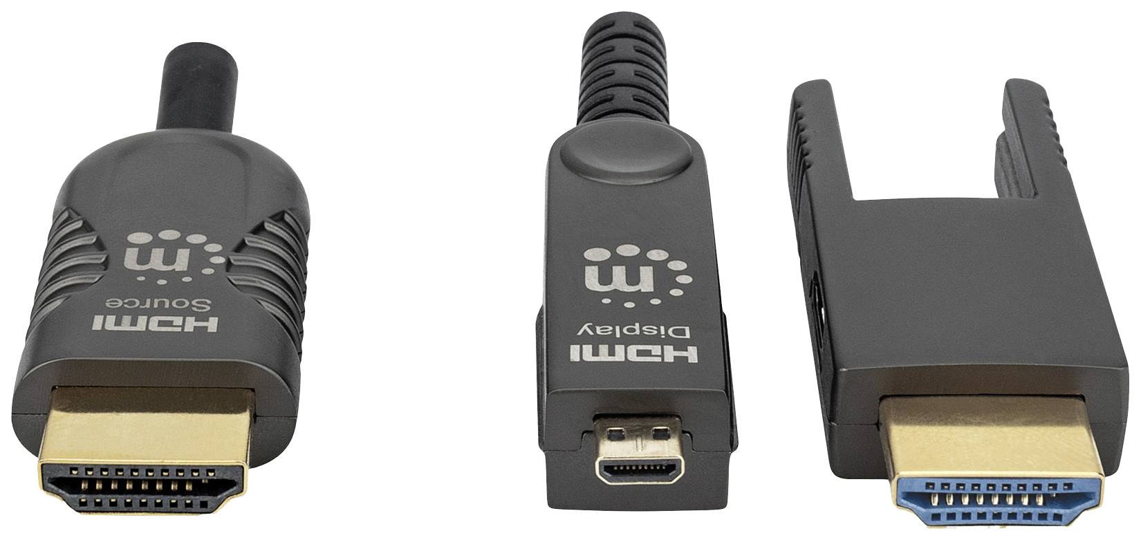 Drei verschiedene HDMI-Stecker nebeneinander aufgereiht, jeweils mit goldenen Anschlüssen und schwarzem Gehäuse. Sie unterscheiden sich in Form und Größe.