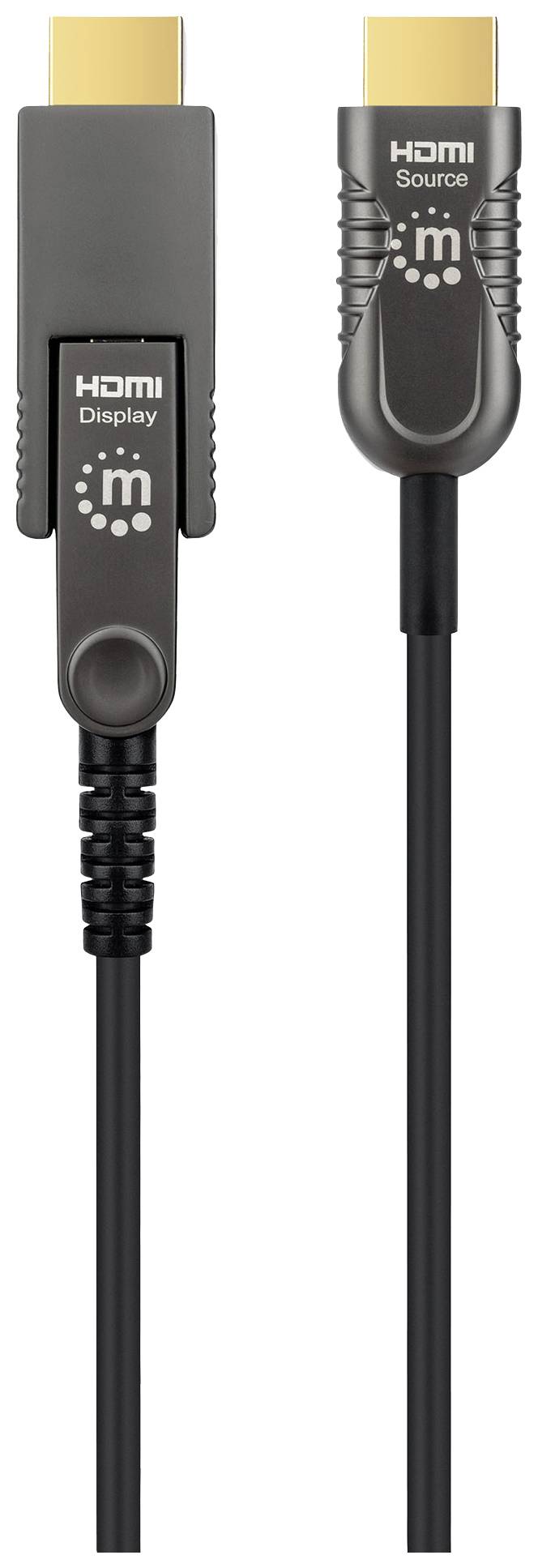 Zwei HDMI-Kabel, eins mit 'Display'- und das andere mit 'Source'-Beschriftung, symbolisieren die Verbindung zwischen Anzeige und Quelle.