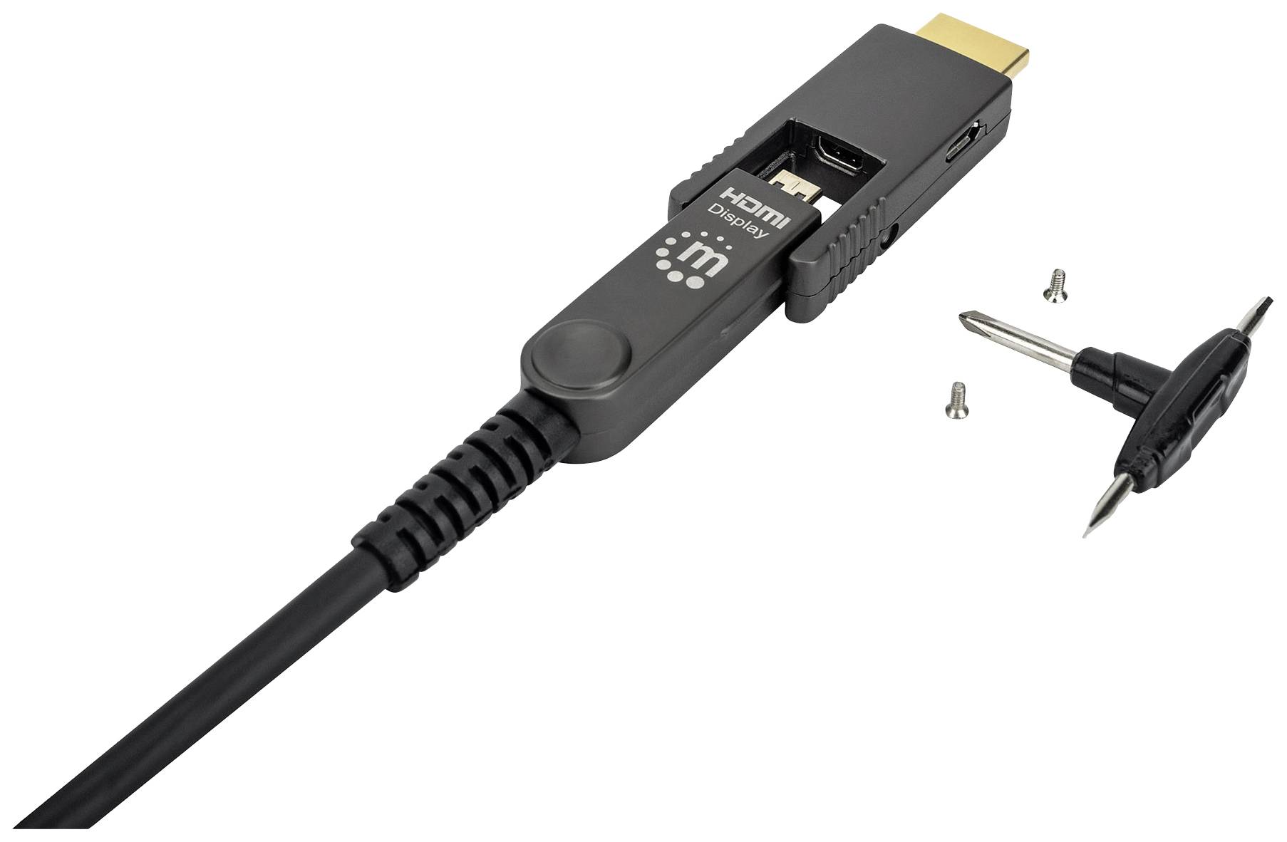 HDMI-Kabel mit abnehmbarem Stecker. Neben dem Kabel liegen drei kleine Schrauben und ein Schraubenzieher zur Montage.