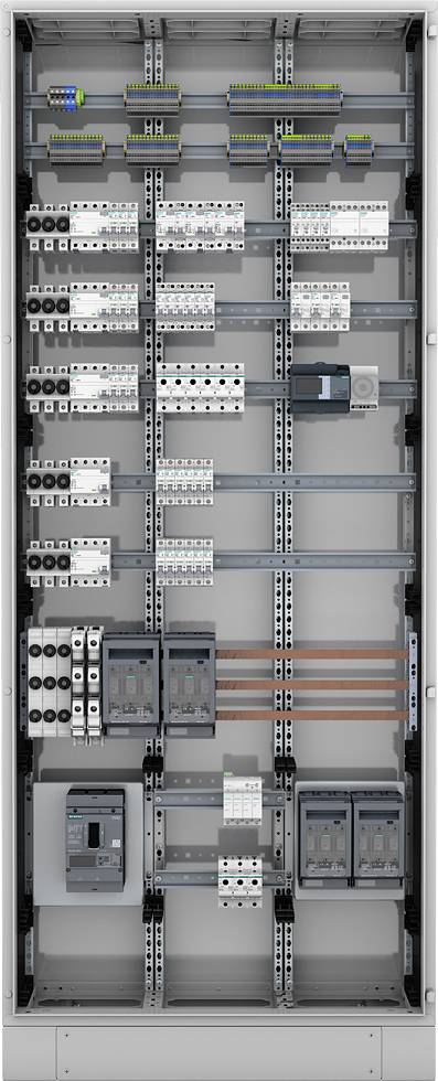 Ein offener Schaltschrank mit verschiedenen Schaltgeräten, Sicherungen und Leitungen, die geordnet und befestigt sind.