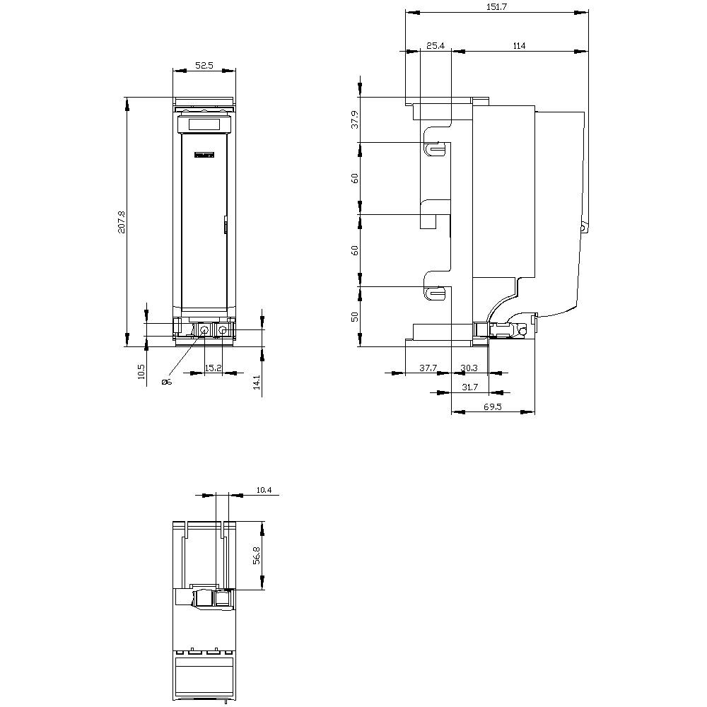 Technische Zeichnung eines elektrischen Geräts mit detaillierten Maßen in Millimetern. Vorder- und Seitenansicht sind dargestellt.