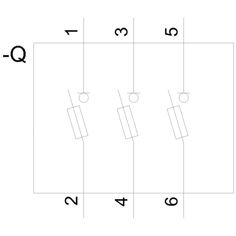 Schema der elektrischen Schaltung mit sechs nummerierten Anschlüssen und drei Kippschaltern. Anschluss -Q auf der linken Seite markiert.