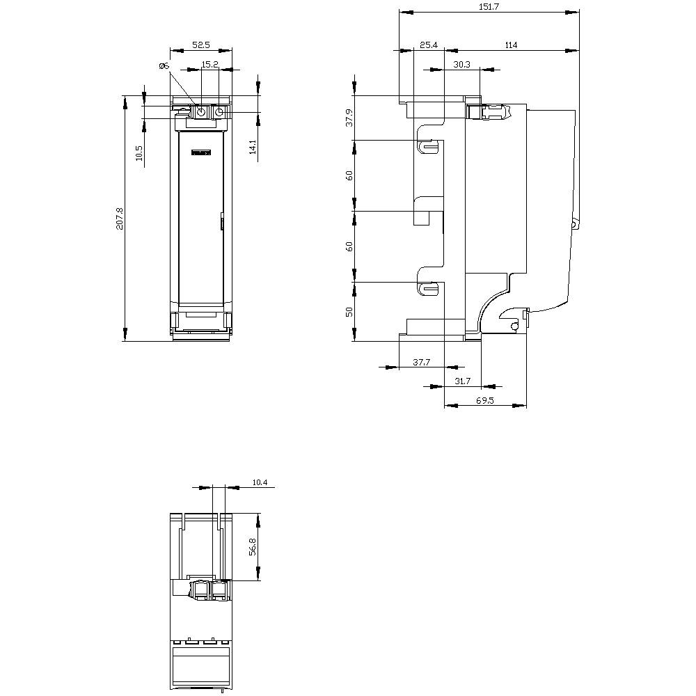 Technische Zeichnung einer elektrischen Komponente mit mehreren Maßangaben in Millimetern für Höhe, Breite und Tiefe.