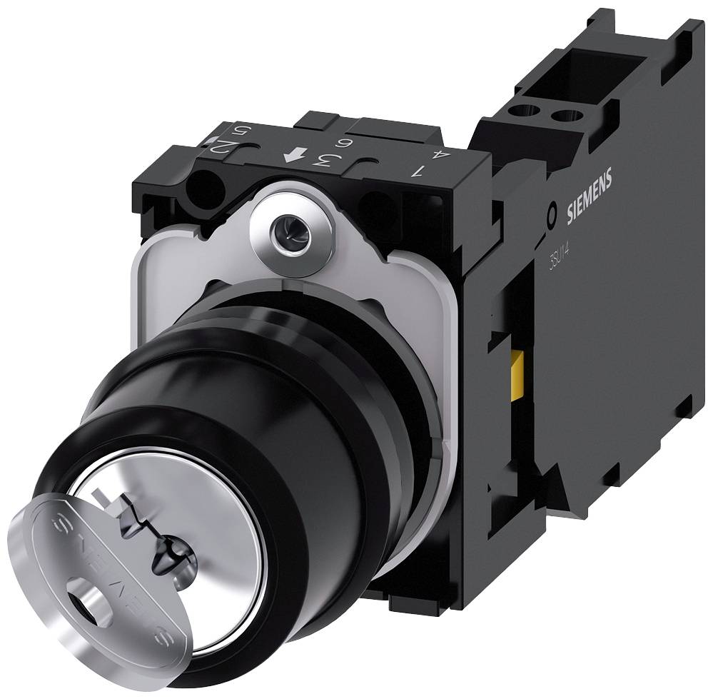 Schwarzer Drehschalter von Siemens mit Schlüssel, zeigt verschiedene Schalterpositionen auf dem Zifferblatt; wird zur Steuerung benutzt.