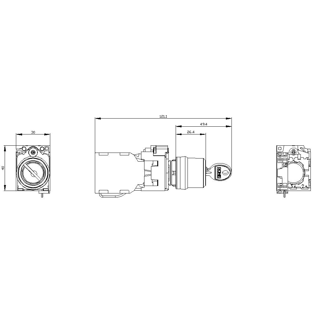 Technische Zeichnung eines Drehzahlreglers mit Seitenansicht, Vorderansicht und Schnittmaßangaben.