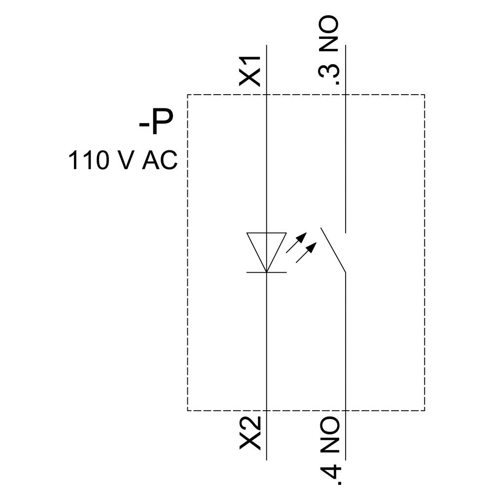 Schaltskizze eines Relais: Bei 110 V AC schließt Kontakt 3 NO mit LED-Anzeige. Verbindungen zu X1 und X2.