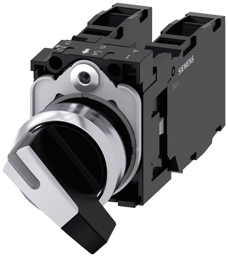 Ein schwarzer Drehschalter von Siemens mit silbernem Rahmen und weißer Markierung für industrielle Anwendungen.
