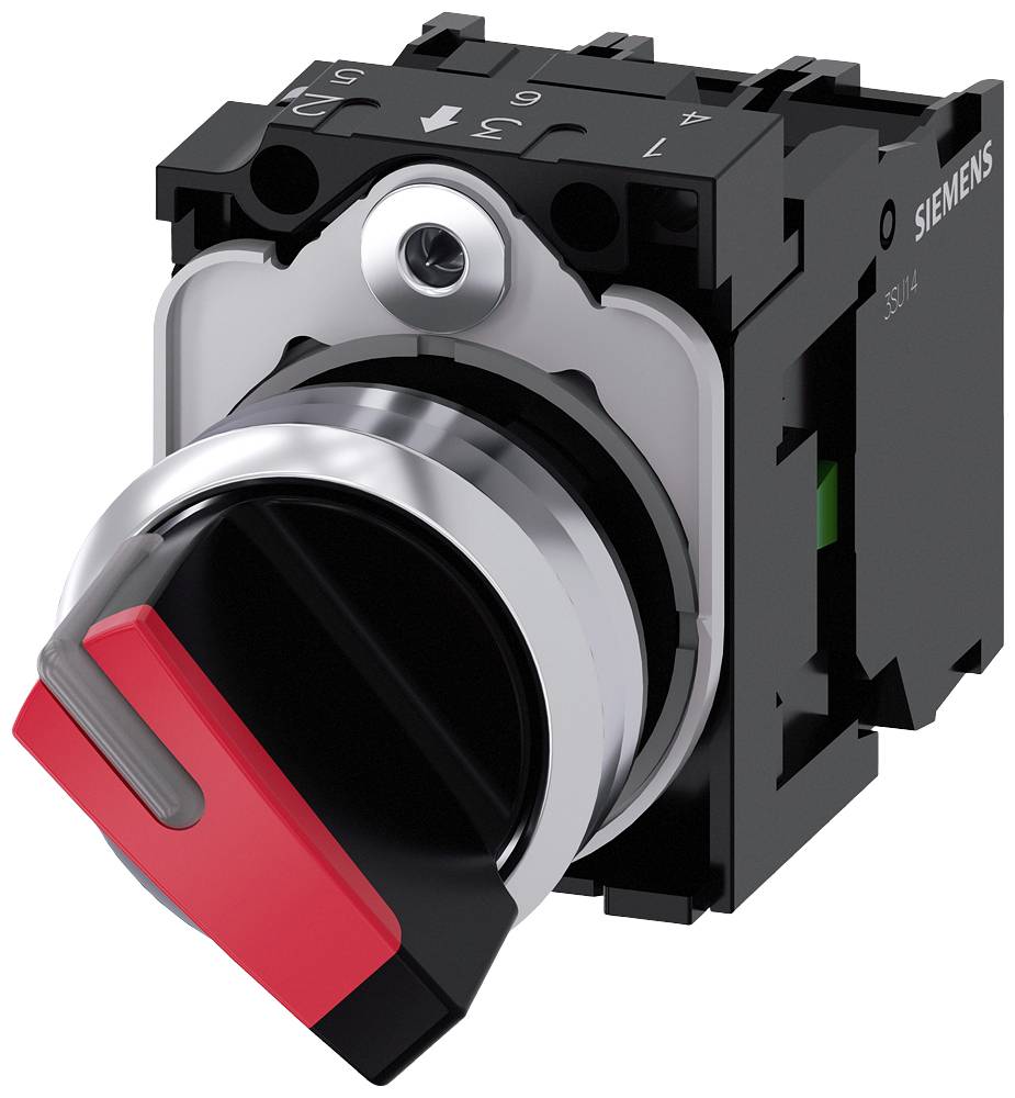 Drehschalter in schwarzem Gehäuse mit rotem Hebel, vermutlich ein elektrischer Schalter der Marke Siemens für industrielle Anwendungen.