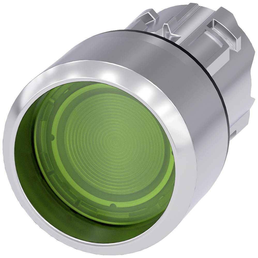 Runder, metallischer Knopf mit grünem LED-Licht, das auf Funktionsbereitschaft oder Aktivierung hinweist.