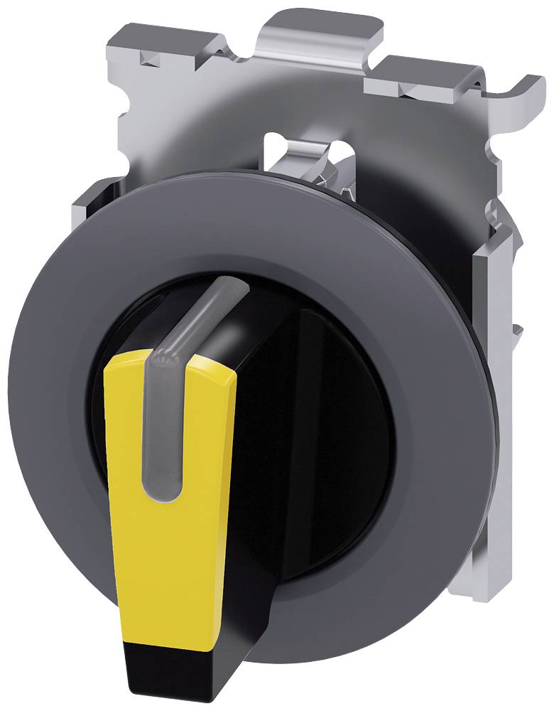 Ein runder, schwarz-gelber Schalthebel in einem grauen Gehäuse. Der Schalter hat eine zentrale Stellung und ist zur Bedienung gedacht.