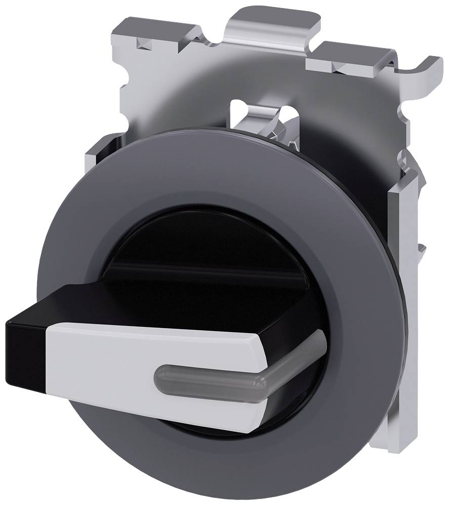 Ein runder Drehschalter in einem Metallgehäuse mit einem schwarzen und silbernen Hebel.