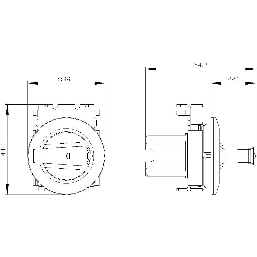 Technische Zeichnung eines runden Schalters mit Durchmesser und Längenangaben: Durchmesser 38 mm, Tiefe 44,4 mm, Länge 54,2 mm.