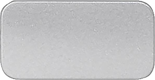 Rechteckige, glänzende Metalloberfläche mit leicht abgerundeten Ecken, sieht aus wie ein kleiner Metallclip oder Knopf.