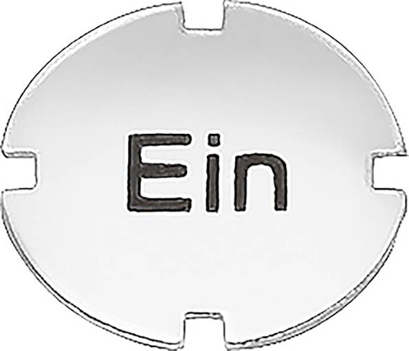 Eine runde Metallplakette mit dem Wort 'Ein' in der Mitte, möglicherweise Teil eines Schalterdesigns.