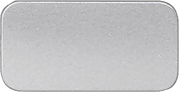 Ein rechteckiges silbernes Metallplättchen mit leicht abgerundeten Ecken.
