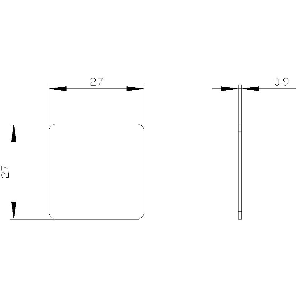 Technische Zeichnung eines quadratischen Objekts mit den Maßen 27 x 27 mm in der Vorderansicht und 0,9 mm Dicke in der Seitenansicht.