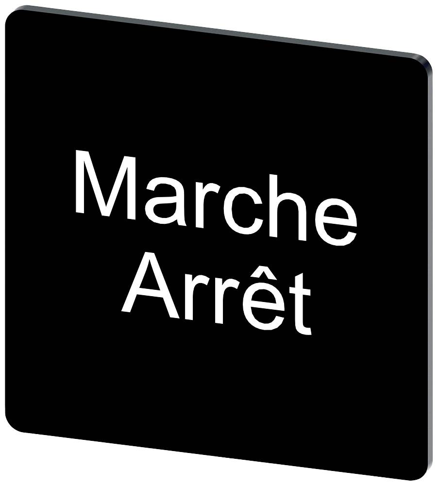 Schwarzes Schild mit weißem Text: 'Marche Arrêt', was 'Ein/Aus' auf Französisch bedeutet, für die Steuerung von Geräten.