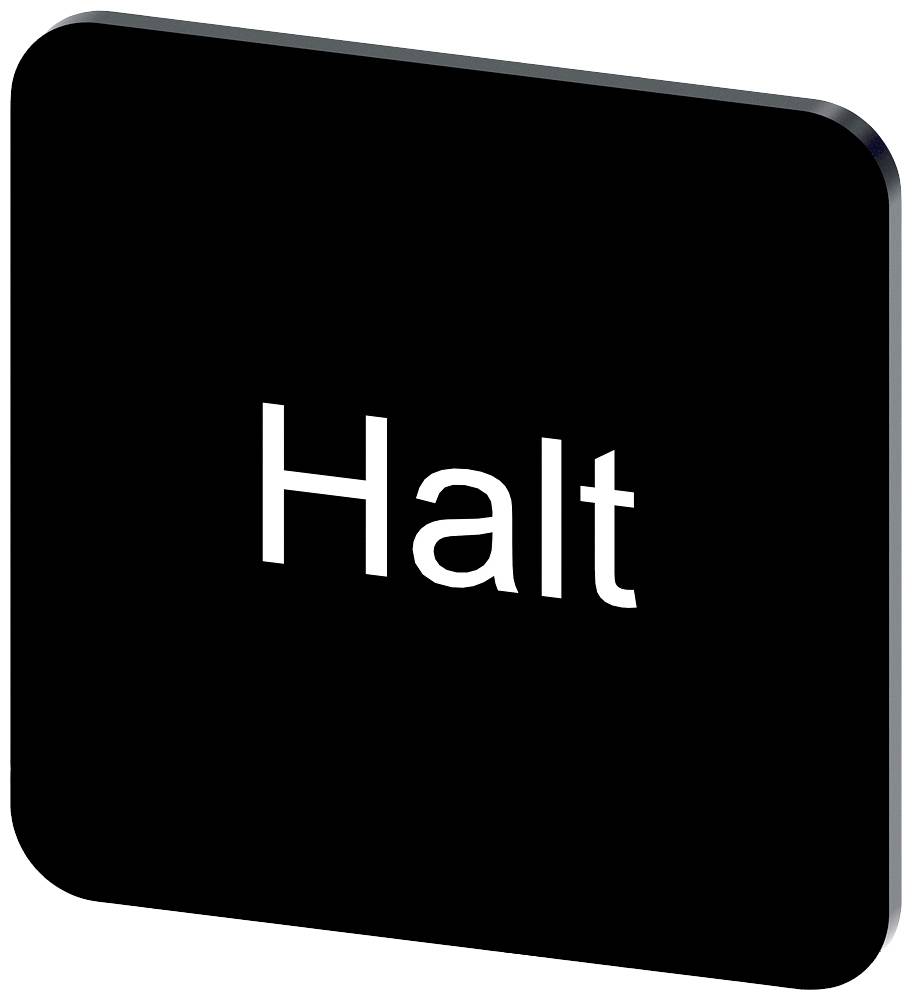 Schwarzes quadratisches Schild mit weißem Text 'Halt' in der Mitte.