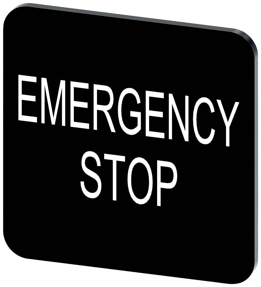 Schwarzes Schild mit weißer Aufschrift 'EMERGENCY STOP', das auf einen Notstopp hinweist.