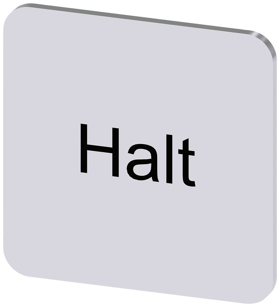 Weißes quadratisches Schild mit abgerundeten Ecken, zeigt in schwarzer Schrift das Wort 'Halt'.
