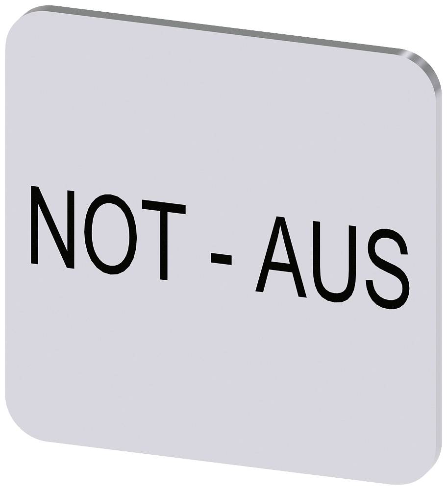 Schild mit der Aufschrift 'NOT - AUS', weißer Hintergrund, schwarze Schrift, dient zur Kennzeichnung eines Not-Aus-Schalters.