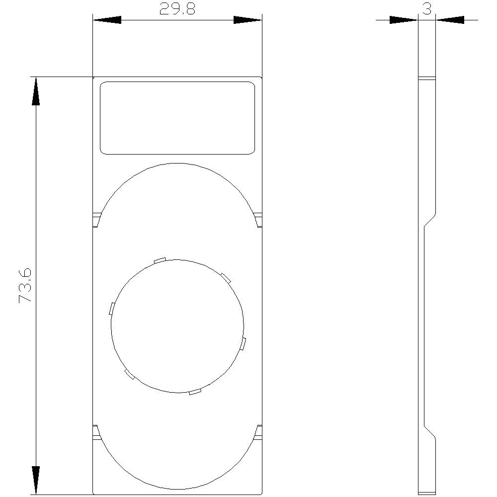 Technische Zeichnung eines rechteckigen Geräts mit Maßen: 29,8 mm Breite, 73,6 mm Höhe, 3 mm Dicke. Zeigt Vorder- und Seitenansicht.