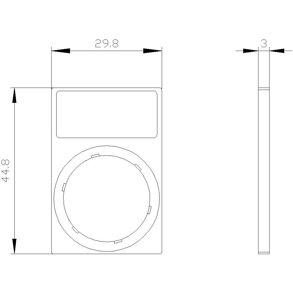 Technische Zeichnung eines rechteckigen Geräts mit Abmessungen: Breite 29,8 mm, Höhe 44,8 mm, Tiefe 3 mm. Vordere Ansicht zeigt ein Display oben und einen kreisförmigen Bereich unten.