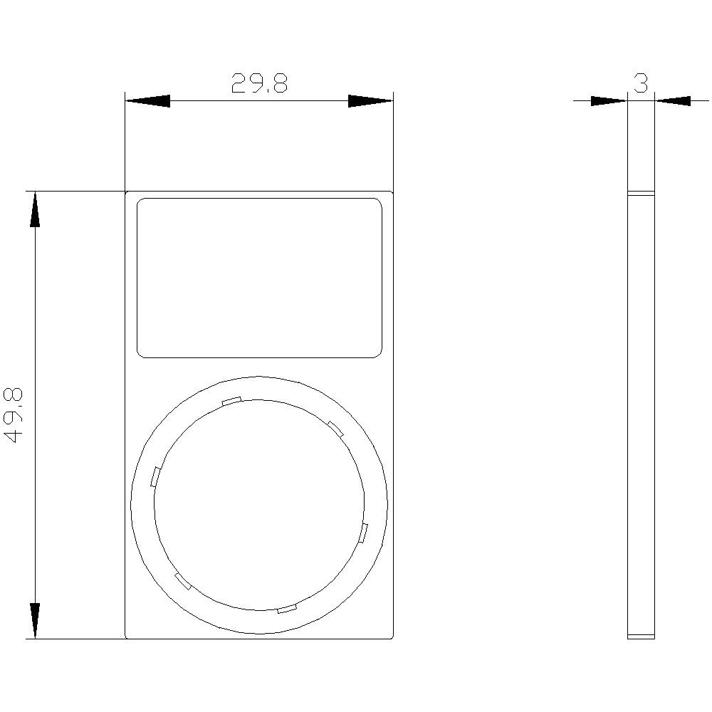 Technische Zeichnung eines rechteckigen Geräts. Maße sind 29,8 x 49,8 x 3 mm. Oberer Bereich für Display, runde Steuerfläche darunter.