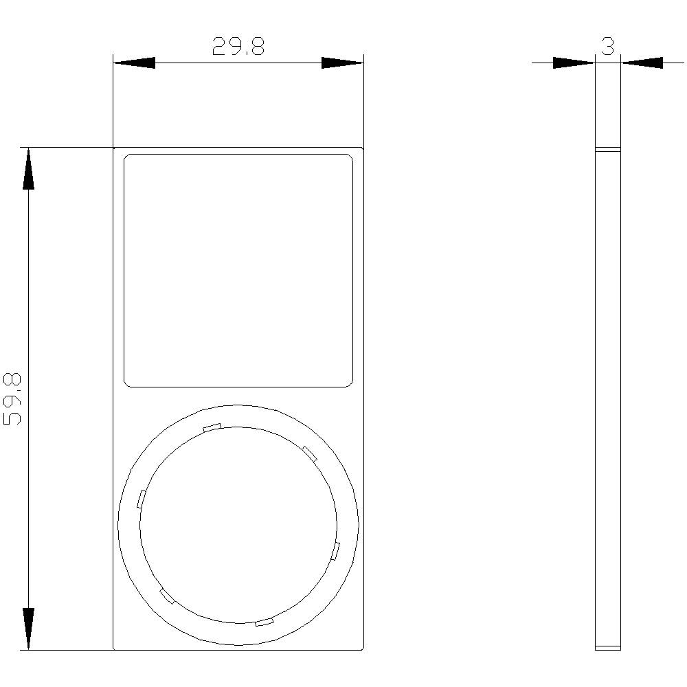 Technische Zeichnung eines rechteckigen Geräts mit Abmessungen: 59,8 mm Höhe und 29,8 mm Breite. Seitenansicht: 3 mm Tiefe.