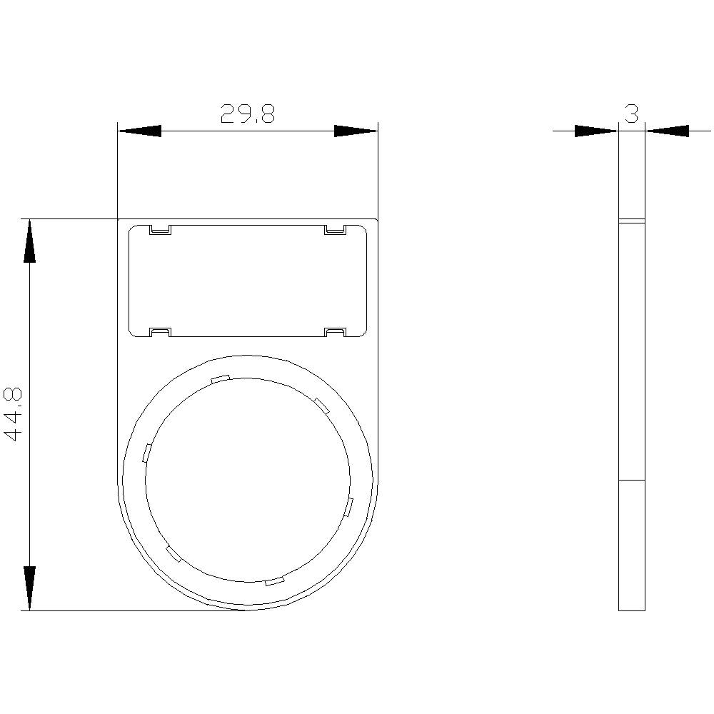 Technische Zeichnung eines zylindrischen Objekts mit Maßen: 29,8 mm Breite, 44,8 mm Höhe, 3 mm Tiefe. Ansicht von vorne und Seite.