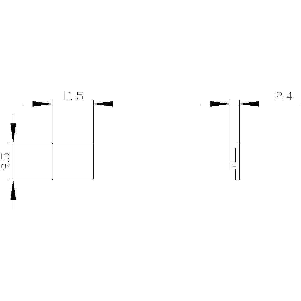 Technische Zeichnung eines rechteckigen Objekts mit Maßen: Breite 10,5 cm, Höhe 9,5 cm, Tiefe 2,4 cm. Seitenansicht rechts.